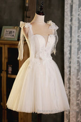Light Champagne Spaghetti Strap Short Semi Formal Prom Dress, Cute A-Line Tulle Evening Party Dress