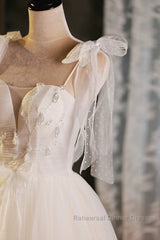 Light Champagne Spaghetti Strap Short Semi Formal Prom Dress, Cute A-Line Tulle Evening Party Dress