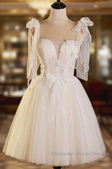 Light Champagne Spaghetti Strap Short Semi Formal Prom Dress, Cute A-Line Tulle Evening Party Dress
