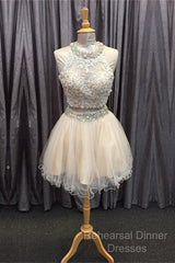 Light Champagne Tulle Lace Beading Homecoming Dresses Two Piece Style