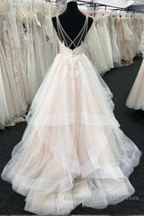 Light champagne tulle lace long Semi Formal Prom Dresses, tulle evening Dresses