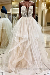 Light champagne tulle lace long Semi Formal Prom Dresses tulle formal Dresses