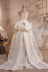 Light Champagne V-Neck Lace Long Semi Formal Prom Dress, A-Line Spaghetti Straps Backless Party Dress With Bow