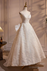 Light Champagne V-Neck Lace Long Semi Formal Prom Dress, A-Line Spaghetti Straps Backless Party Dress With Bow