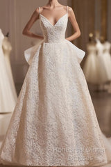 Light Champagne V-Neck Lace Long Semi Formal Prom Dress, A-Line Spaghetti Straps Backless Party Dress With Bow