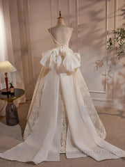 Light Champagne V-Neck Lace Long Semi Formal Prom Dress Weeding Dress