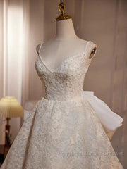 Light Champagne V-Neck Lace Long Semi Formal Prom Dress Weeding Dress