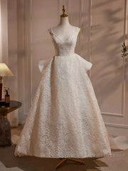 Light Champagne V-Neck Lace Long Semi Formal Prom Dress Weeding Dress