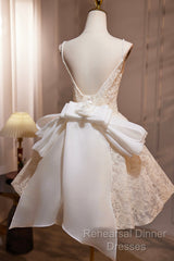 Light Champagne V-Neck Lace Short Semi Formal Prom Dress, A-Line Spaghetti Straps Backless Party Dress With Bow