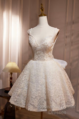 Light Champagne V-Neck Lace Short Semi Formal Prom Dress, A-Line Spaghetti Straps Backless Party Dress With Bow