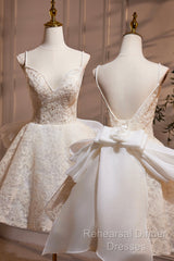Light Champagne V-Neck Lace Short Semi Formal Prom Dress, A-Line Spaghetti Straps Backless Party Dress With Bow