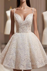 Light Champagne V-Neck Lace Short Semi Formal Prom Dress, A-Line Spaghetti Straps Backless Party Dress With Bow