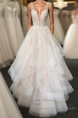 Light champagne v neck tulle lace long Semi Formal Prom Dresses, wedding Dresses