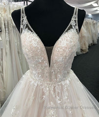 Light champagne v neck tulle lace long Semi Formal Prom Dresses, wedding Dresses