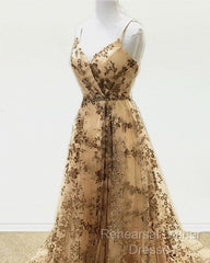 Light Gold Sequin Pattern Semi Formal Prom Dresses V Neck Split