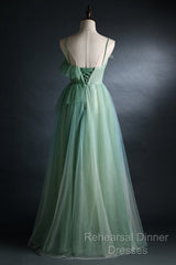 Light Green Gradient Straps Long A-Line Semi Formal Prom Dress, Beautiful Evening Dress Party Dresses