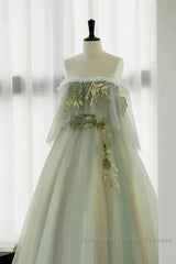 Light Green Off Shoulder Tulle Long Semi Formal Prom Dress A-Line Green Party Dress