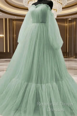Light Green Puffy Sleeves Tulle Long Formal Dress, Light Green Semi Formal Prom Dress