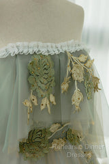 Light Green Scoop Off Shoulder A-Line Tulle Semi Formal Prom Dress, Light Green Evening Dress