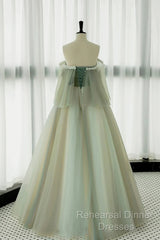 Light Green Scoop Off Shoulder A-Line Tulle Semi Formal Prom Dress, Light Green Evening Dress