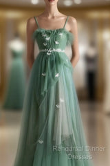 Light Green Straps Tulle Floor Length A-Line Semi Formal Prom Dress, Tulle Scoop Party Dress Formal Dress