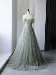 Light Green Sweetheart Beaded And Flowers Party Dress, Tulle Green Formal Dress