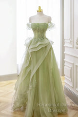 Light Green Sweetheart Beaded Off Shoulder Party Dress, Light Green Tulle Semi Formal Prom Dress