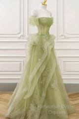 Light Green Sweetheart Beaded Off Shoulder Party Dress, Light Green Tulle Semi Formal Prom Dress
