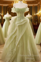 Light Green Sweetheart Beaded Off Shoulder Party Dress, Light Green Tulle Semi Formal Prom Dress