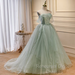 Light Green Tulle Beaded Ball Gown Off Shoulder Party Dress, Green Sweet 16 Dress