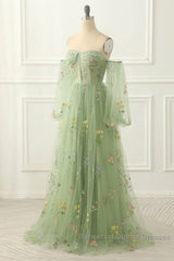 Light Green Tulle Floral Sleeves Long Party Dress, A-Line Light Green Semi Formal Prom Dress