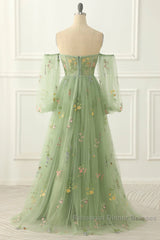Light Green Tulle Floral Sleeves Long Party Dress, A-Line Light Green Semi Formal Prom Dress