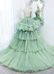 Light Green Tulle Layers Low Back Semi Formal Prom Dress Sweet 16 Dress Quinceanera Dress