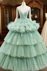 Light Green Tulle Layers Low Back Semi Formal Prom Dress Sweet 16 Dress Quinceanera Dress