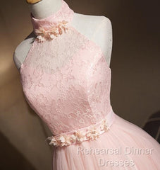Light Pink Halter Tulle And Lace Lovely Knee Length Formal Dress, Cute Party Dress, Pink Semi Formal Prom Dresses