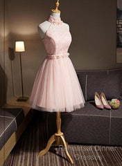 Light Pink Halter Tulle And Lace Lovely Knee Length Formal Dress, Cute Party Dress, Pink Semi Formal Prom Dresses