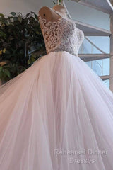 Light Pink Tulle Lace Long Semi Formal Prom Dress, Wedding Dress