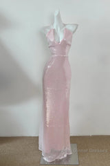 Light Pink V Neck Sheath Sequined Semi Formal Prom Dress Birthday Dress
