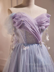 Light Purple Off Shoulder Sweetheart Long Formal Dress, Light Purple Tulle Semi Formal Prom Dress