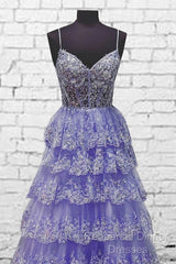 Light Purple V Neck Layered Lace Semi Formal Prom Dress