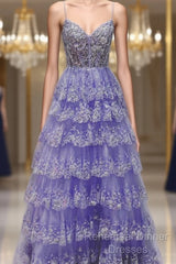 Light Purple V Neck Layered Lace Semi Formal Prom Dress