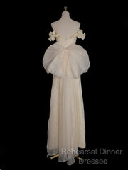 Light Yellow A-Line Satin Off-Shoulder Tulle Long Semi Formal Prom Dress Graduation Semi Formal Prom Dress Wedding Dress