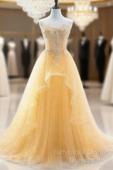Light Yellow Beaded Tulle Long Party Dress Semi Formal Prom Dress, Yellow Formal Dresses
