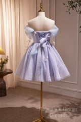Lightpurple Tulle Off Shoulder Short Semi Formal Prom Dress, Cute A-Line Off Shoulder Homecoming Dress