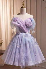 Lightpurple Tulle Off Shoulder Short Semi Formal Prom Dress, Cute A-Line Off Shoulder Homecoming Dress