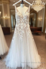 Long A-Line Appliques Lace Spaghetti Straps Sweetheart Tulle Wedding Dress