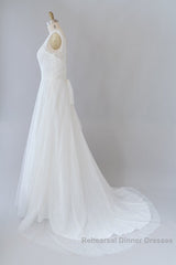 Long A-line V-neck Lace Tulle Backless Wedding Dresses