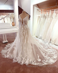 Long A-line V-neck Sleeveless Floral Lace Tulle Boho Wedding Dress