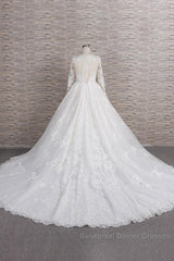 Long A-line V-neck Tulle Appliques Lace Wedding Dresses with Sleeves