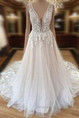Long A-Line Wide Straps Tulle  Floral Lace Wedding Dresses
